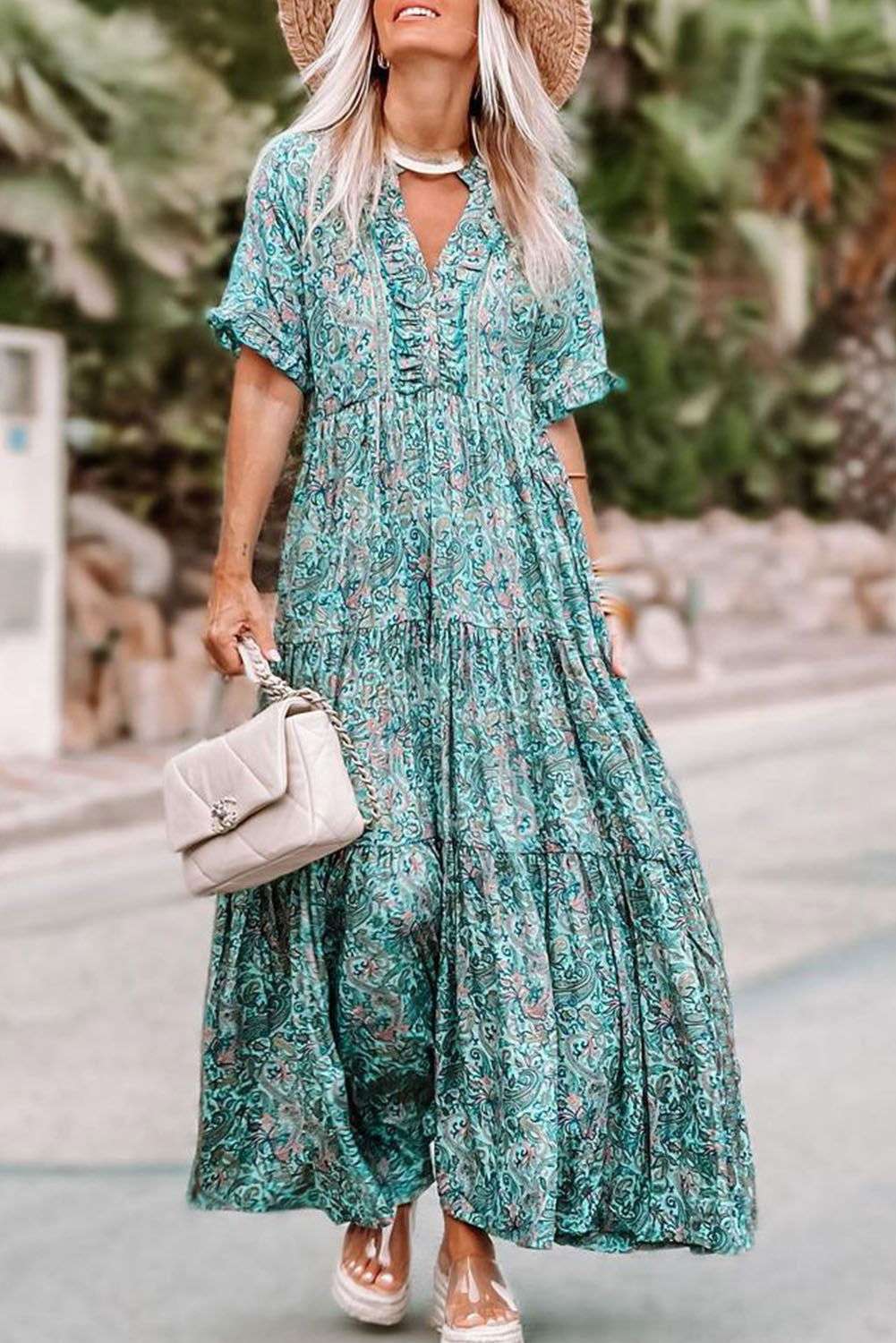 Sky Blue Paisley Print Split V Neck Tiered Boho Maxi Dress 