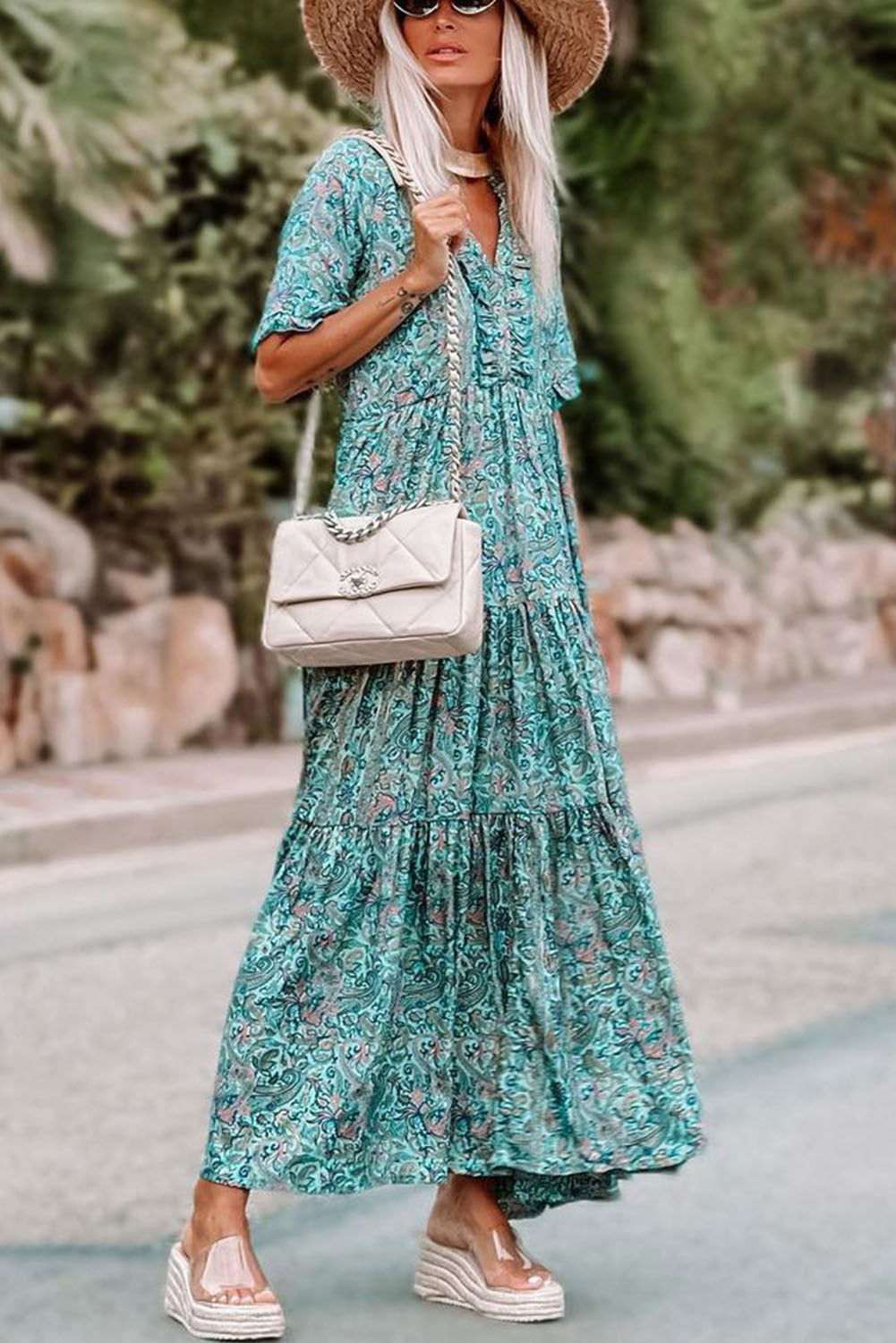 Sky Blue Paisley Print Split V Neck Tiered Boho Maxi Dress 