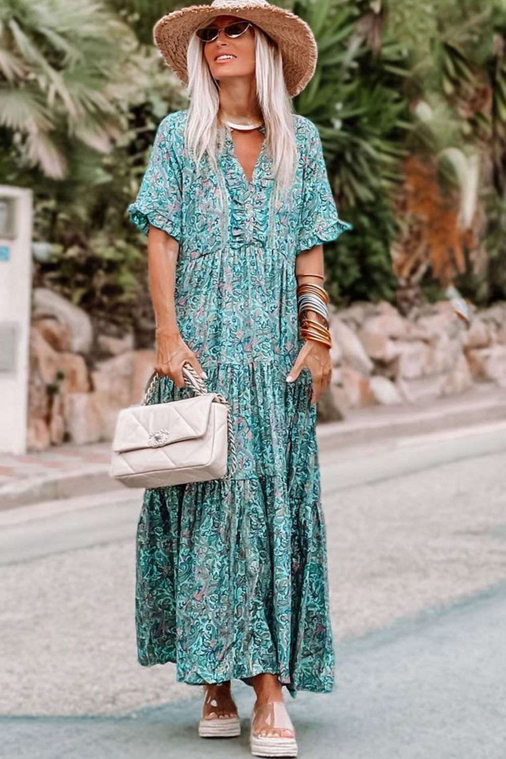 Sky Blue Paisley Print Split V Neck Tiered Boho Maxi Dress 