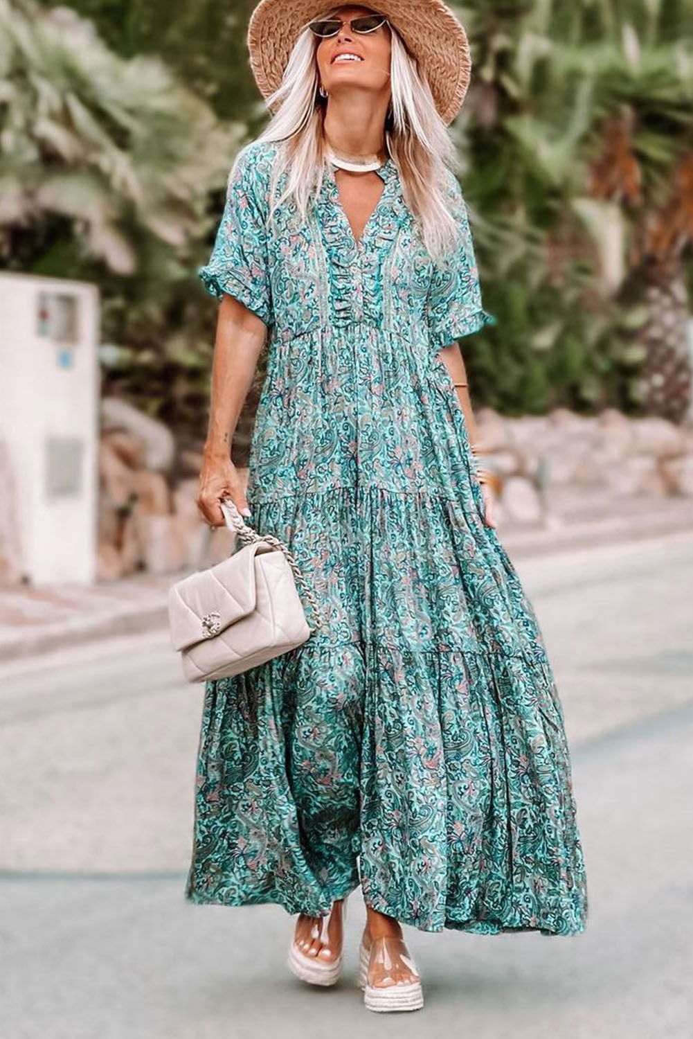 Sky Blue Paisley Print Split V Neck Tiered Boho Maxi Dress 