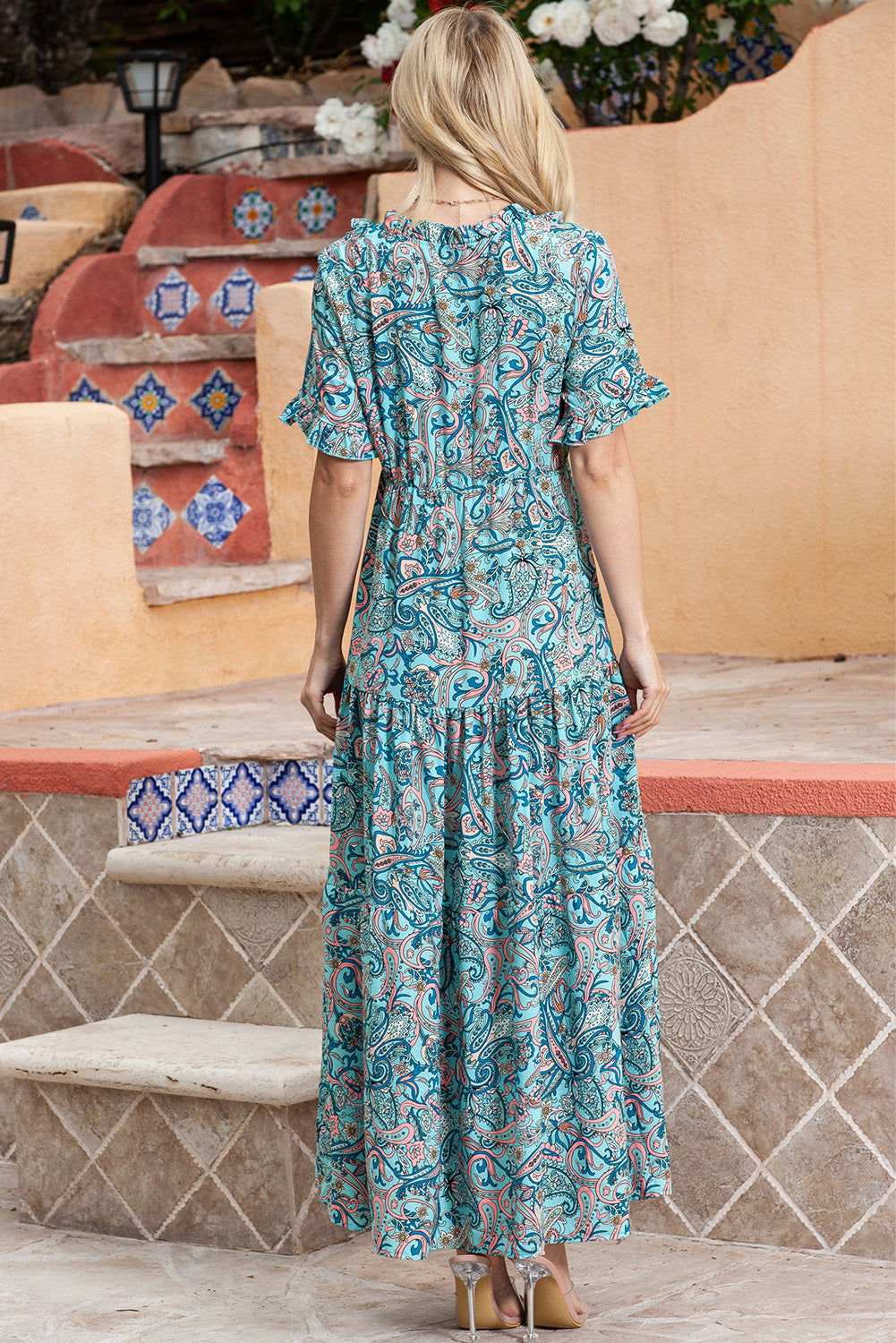 Sky Blue Paisley Print Split V Neck Tiered Boho Maxi Dress 