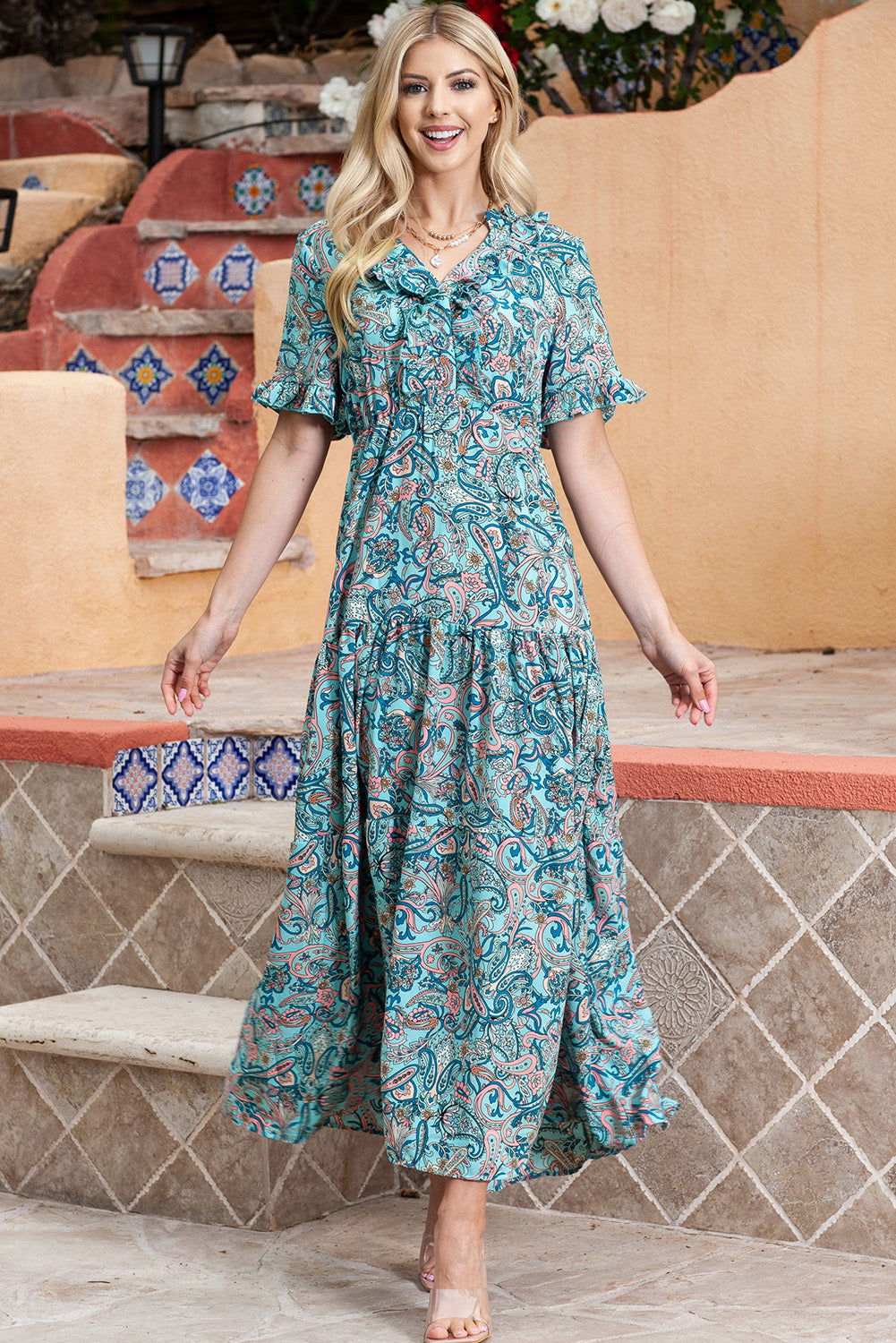 Sky Blue Paisley Print Split V Neck Tiered Boho Maxi Dress 