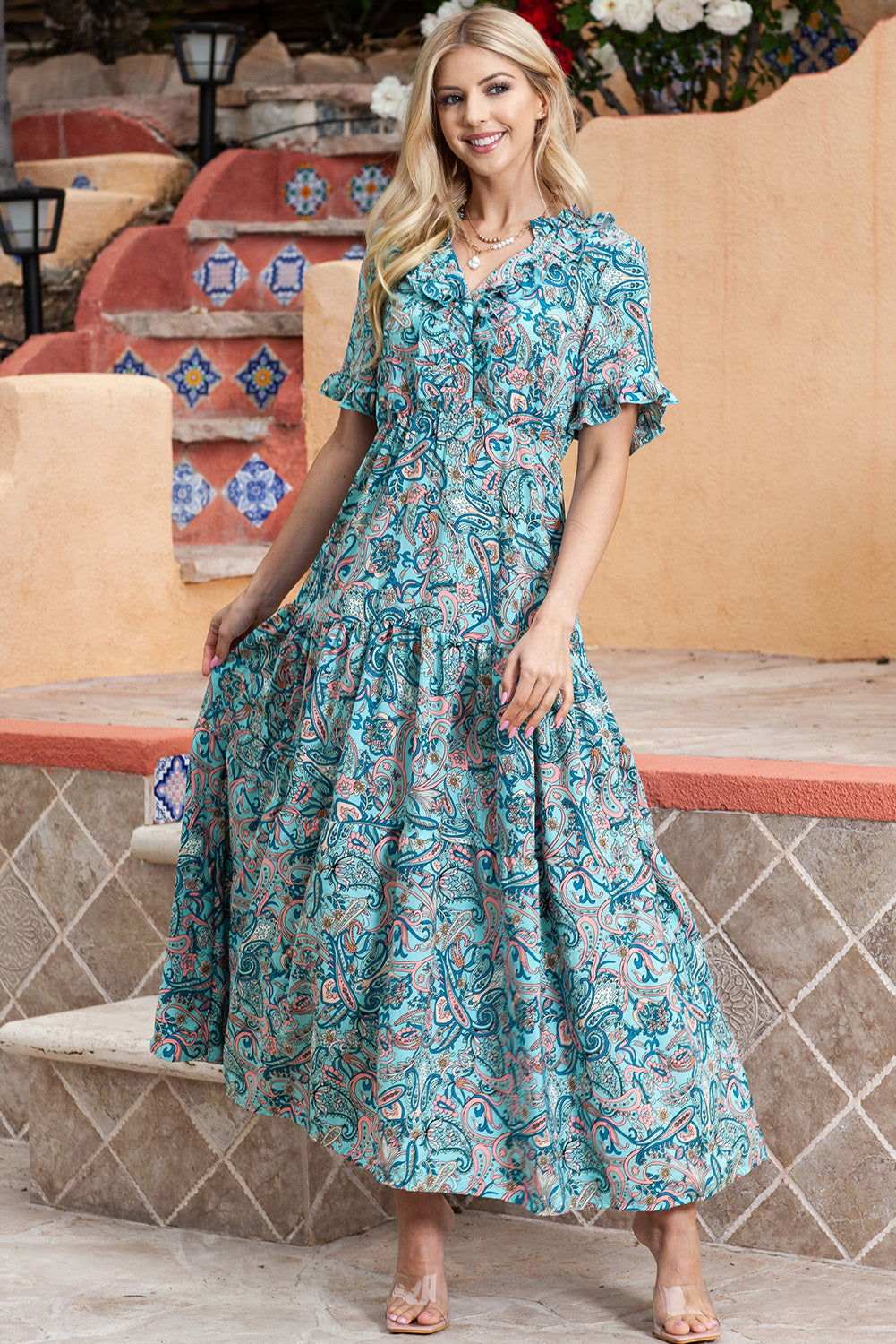 Sky Blue Paisley Print Split V Neck Tiered Boho Maxi Dress 