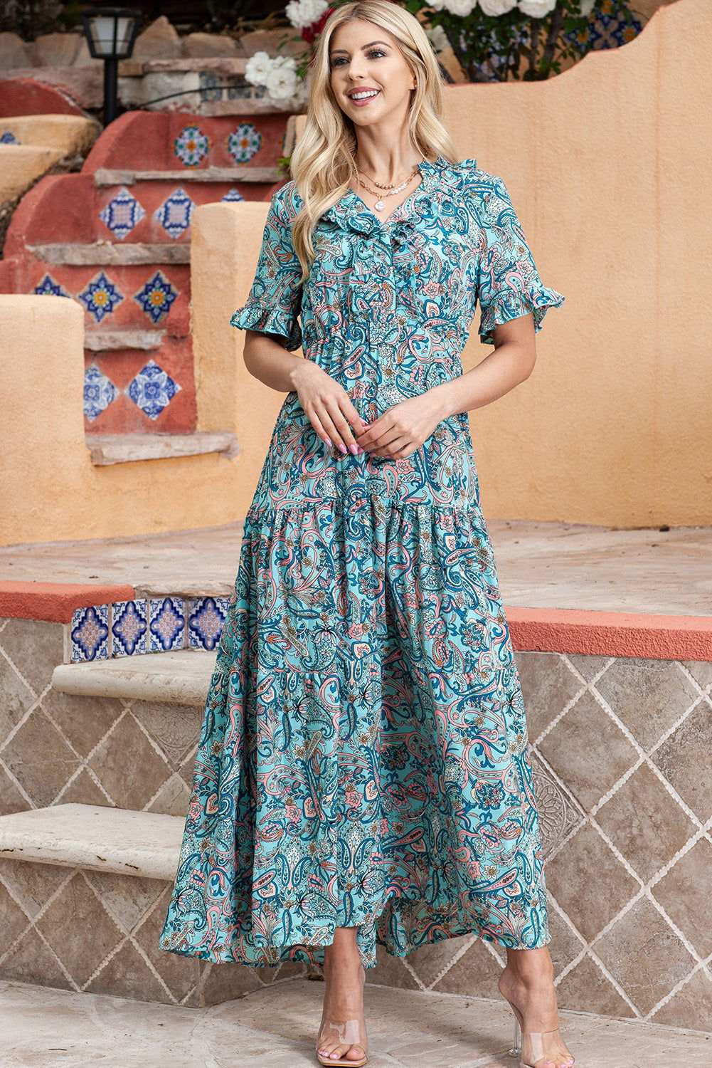 Sky Blue Paisley Print Split V Neck Tiered Boho Maxi Dress 