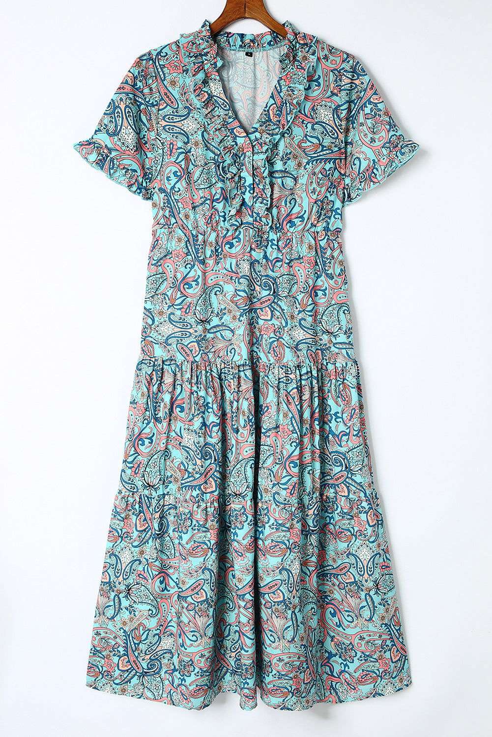 Sky Blue Paisley Print Split V Neck Tiered Boho Maxi Dress 