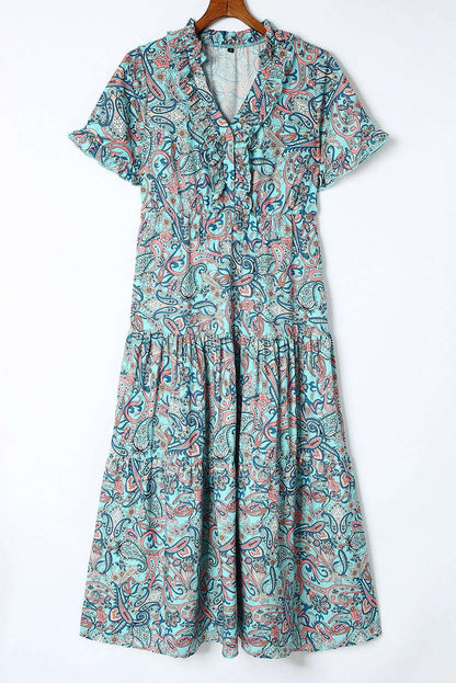 Sky Blue Paisley Print Split V Neck Tiered Boho Maxi Dress 