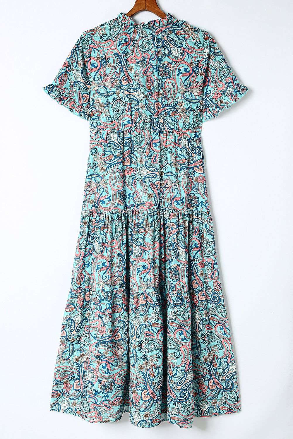 Sky Blue Paisley Print Split V Neck Tiered Boho Maxi Dress 