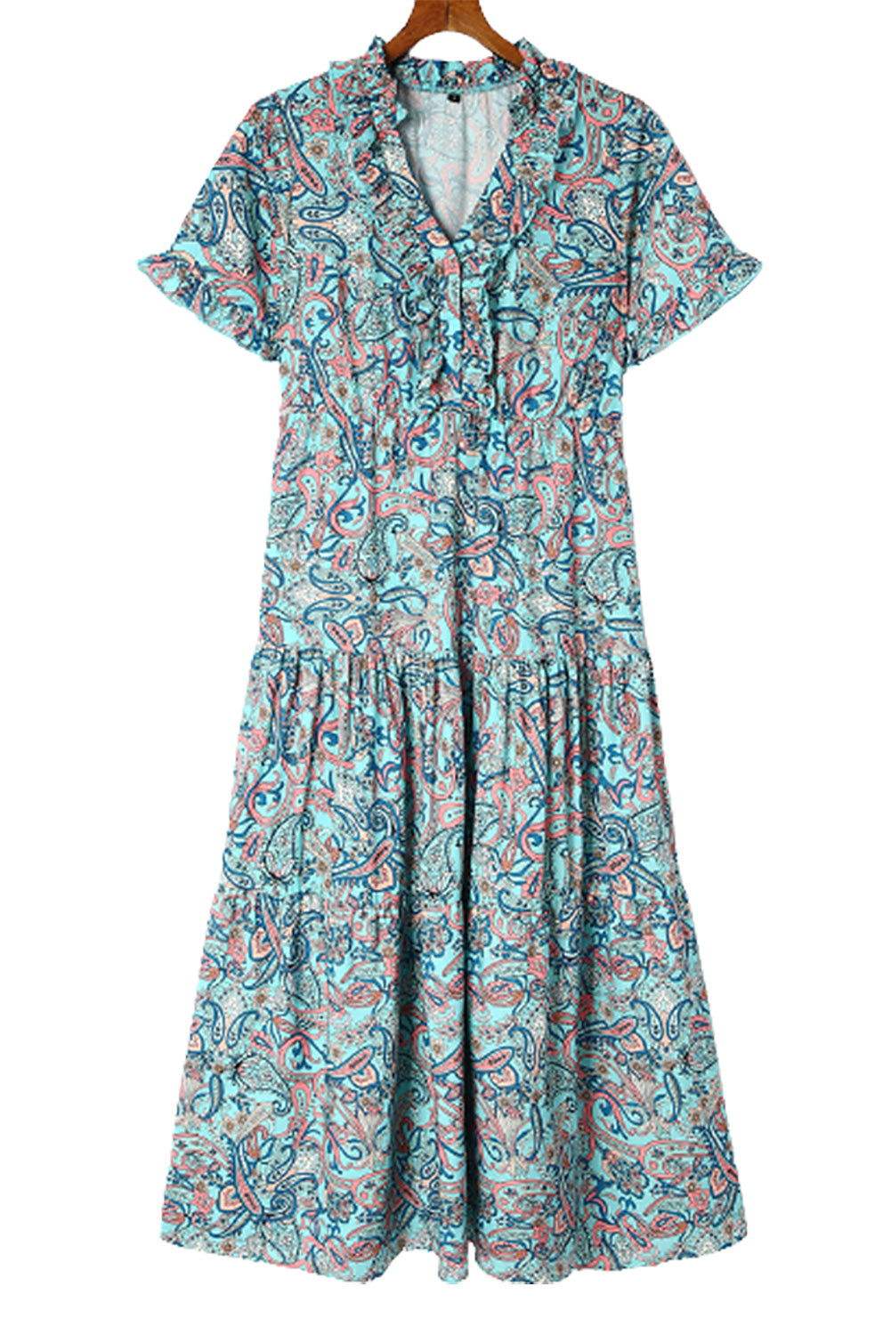 Sky Blue Paisley Print Split V Neck Tiered Boho Maxi Dress 