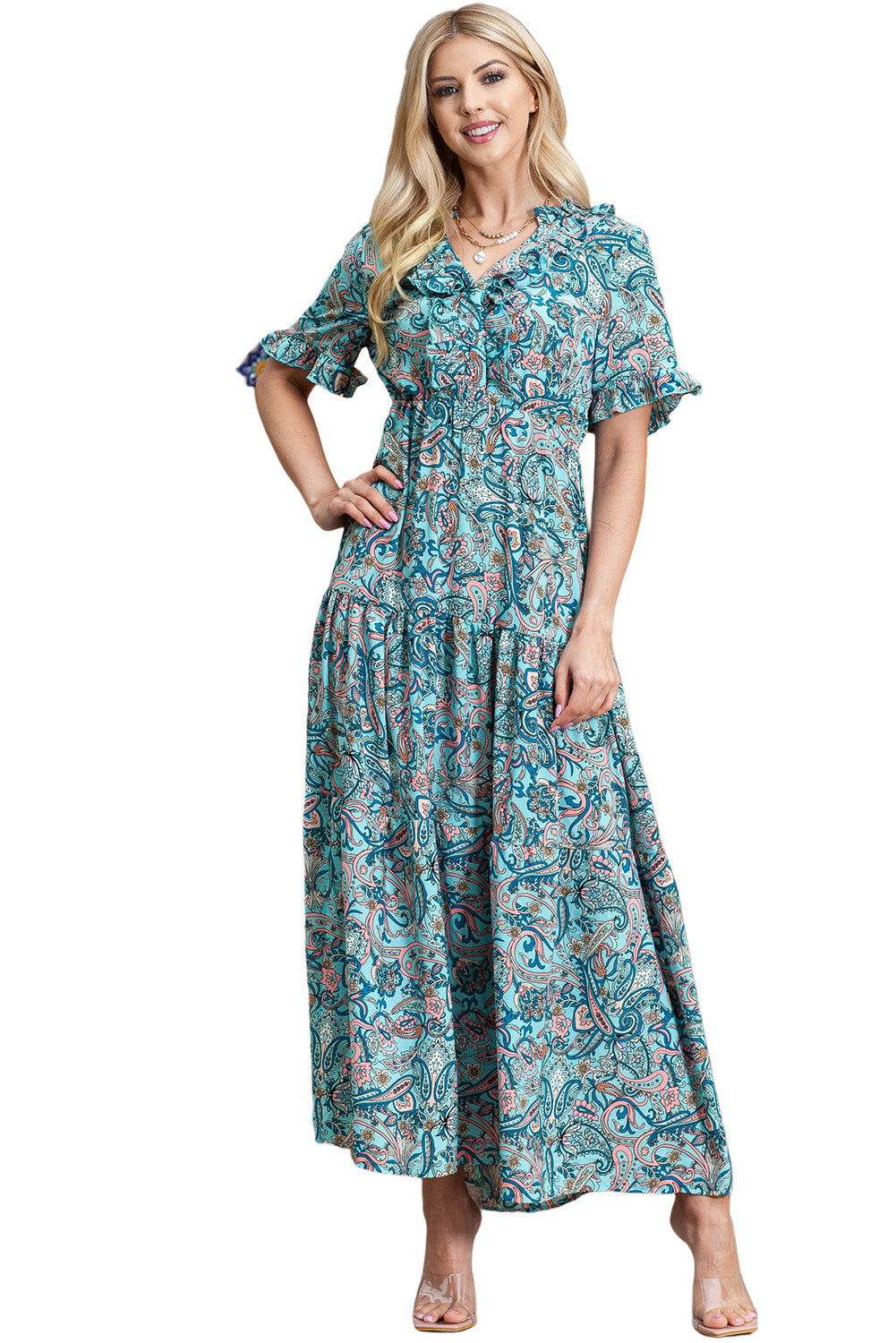 Sky Blue Paisley Print Split V Neck Tiered Boho Maxi Dress 