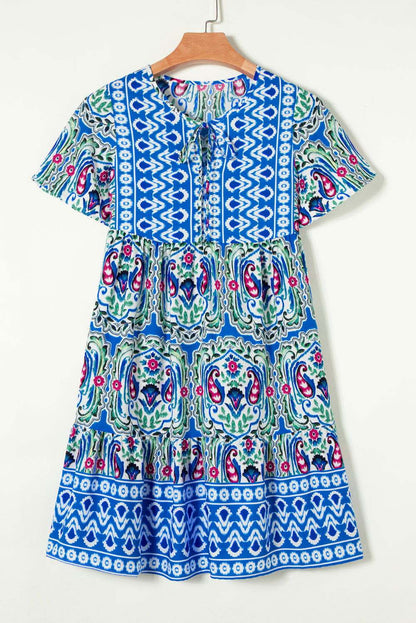 Sky Blue Patchwork Tie Neck Flounce Sleeve Ruffle Hem Mini Dress 