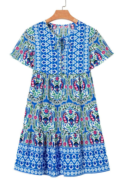 Sky Blue Patchwork Tie Neck Flounce Sleeve Ruffle Hem Mini Dress 