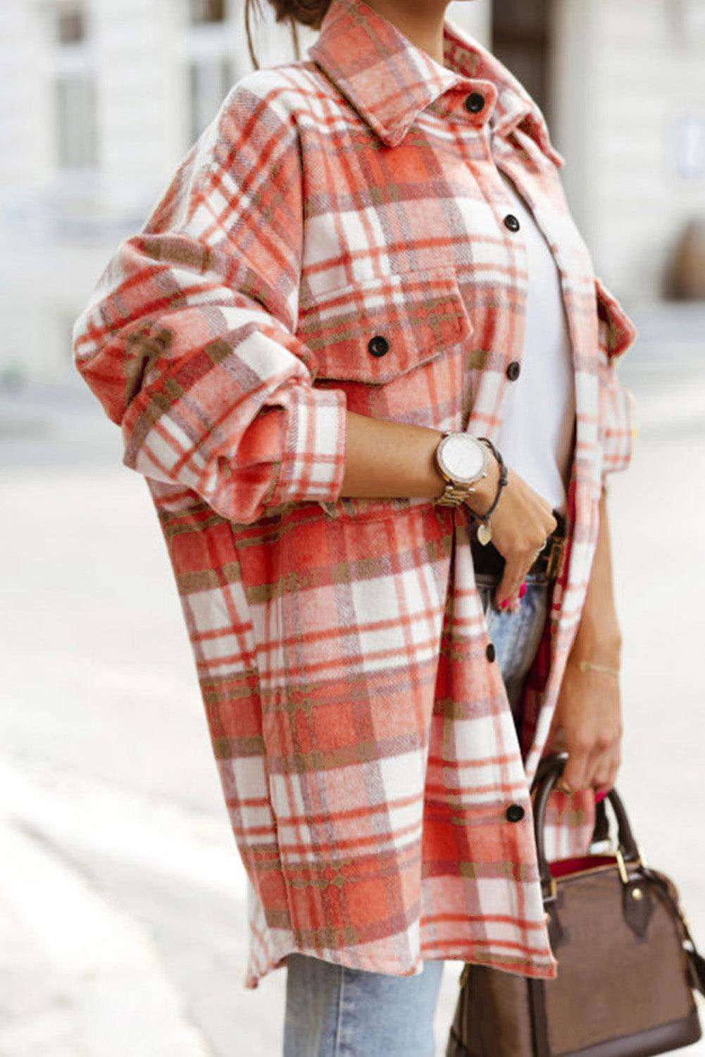 Sky Blue Plaid Flap Pocket Long Sleeve Shacket 