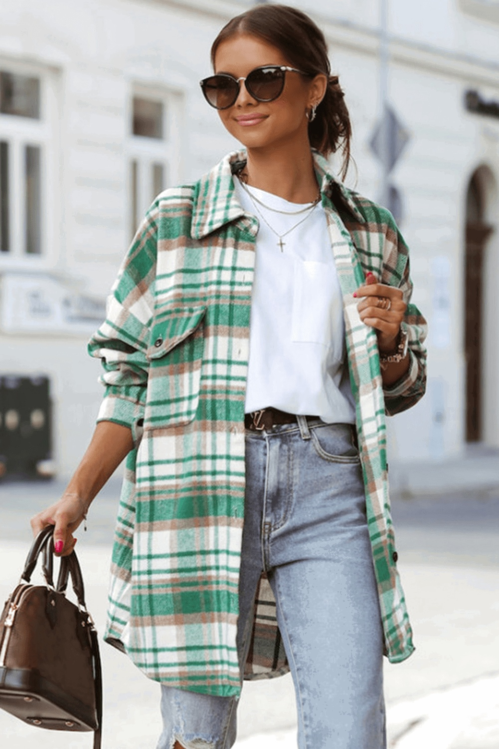 Sky Blue Plaid Flap Pocket Long Sleeve Shacket 