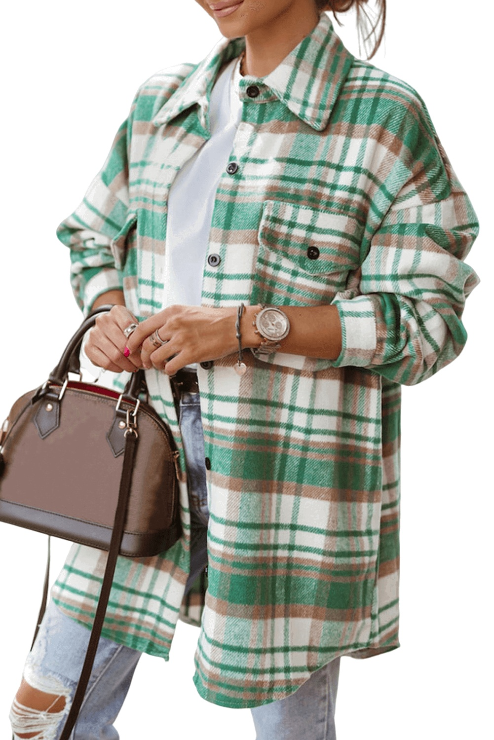 Sky Blue Plaid Flap Pocket Long Sleeve Shacket 