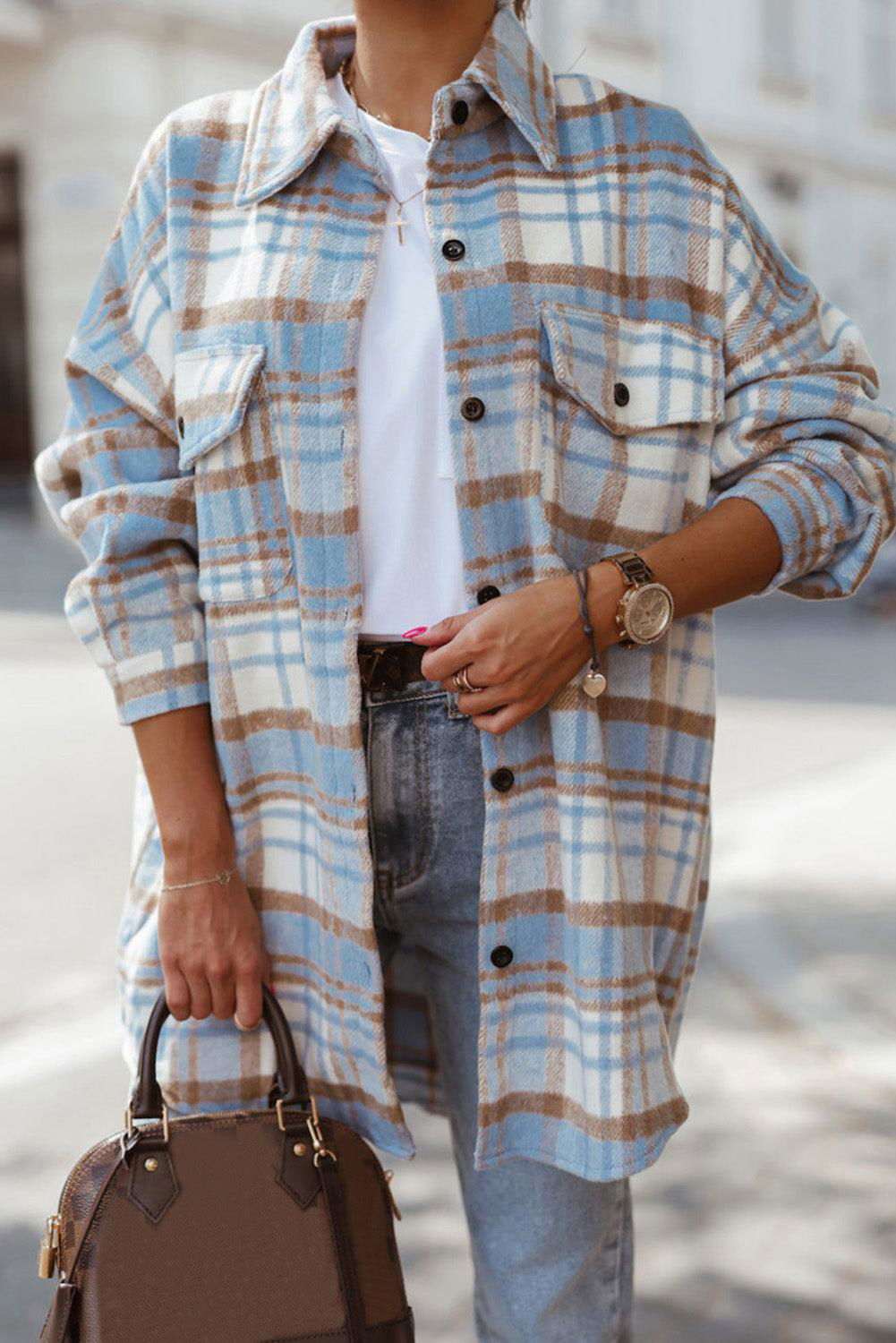 Sky Blue Plaid Flap Pocket Long Sleeve Shacket 