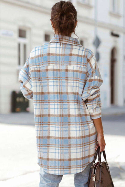 Sky Blue Plaid Flap Pocket Long Sleeve Shacket 