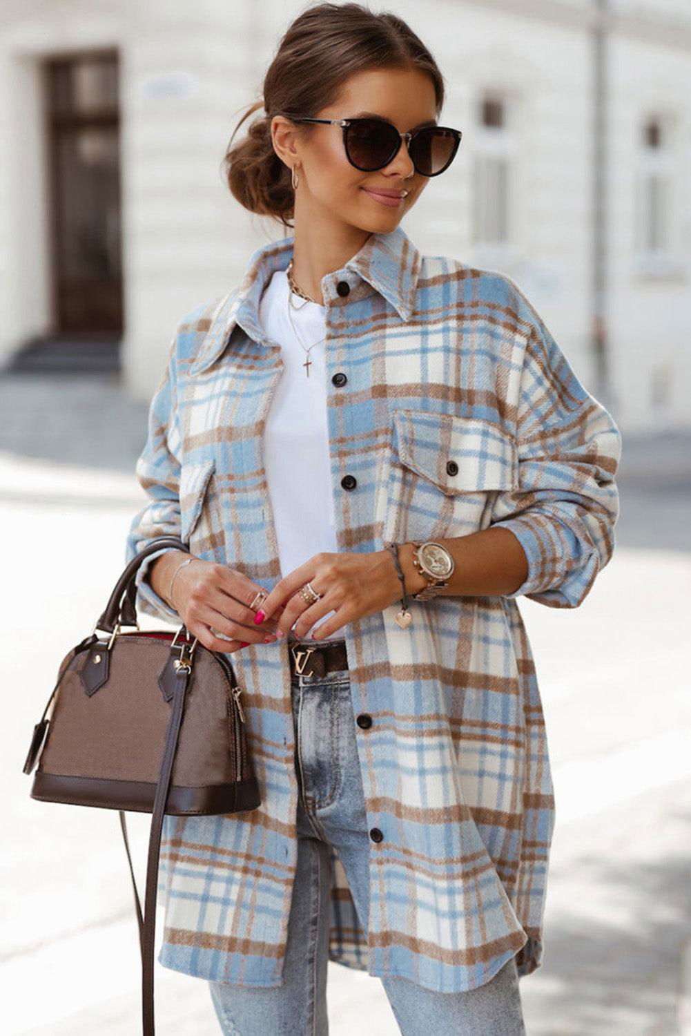 Sky Blue Plaid Flap Pocket Long Sleeve Shacket 