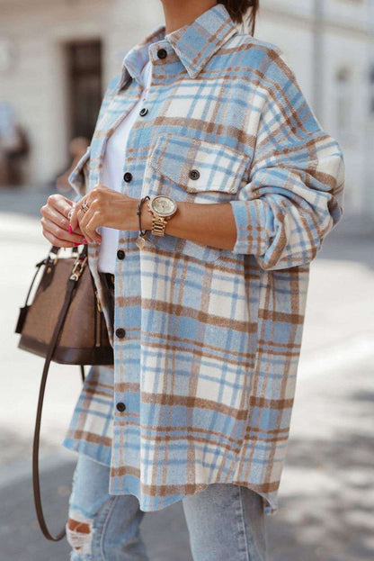 Sky Blue Plaid Flap Pocket Long Sleeve Shacket 