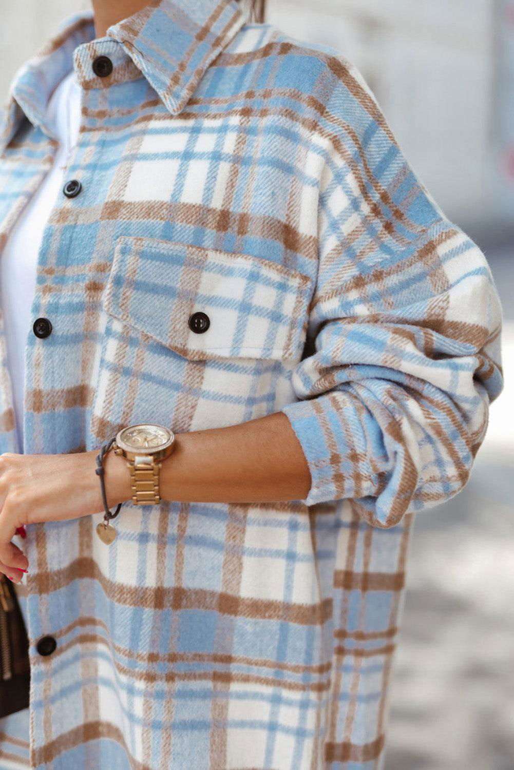 Sky Blue Plaid Flap Pocket Long Sleeve Shacket 