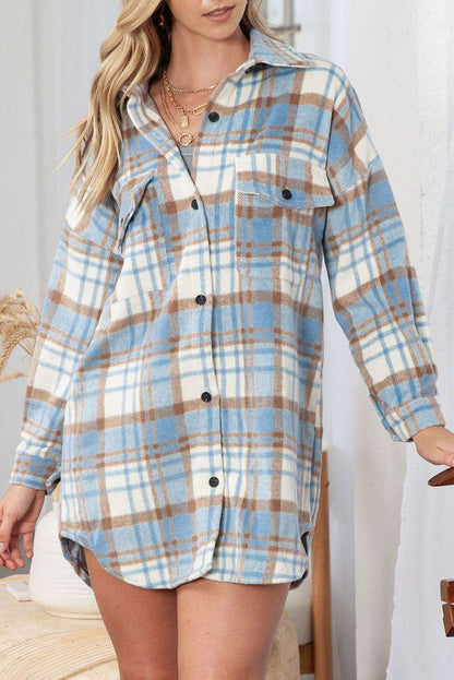 Sky Blue Plaid Flap Pocket Long Sleeve Shacket 