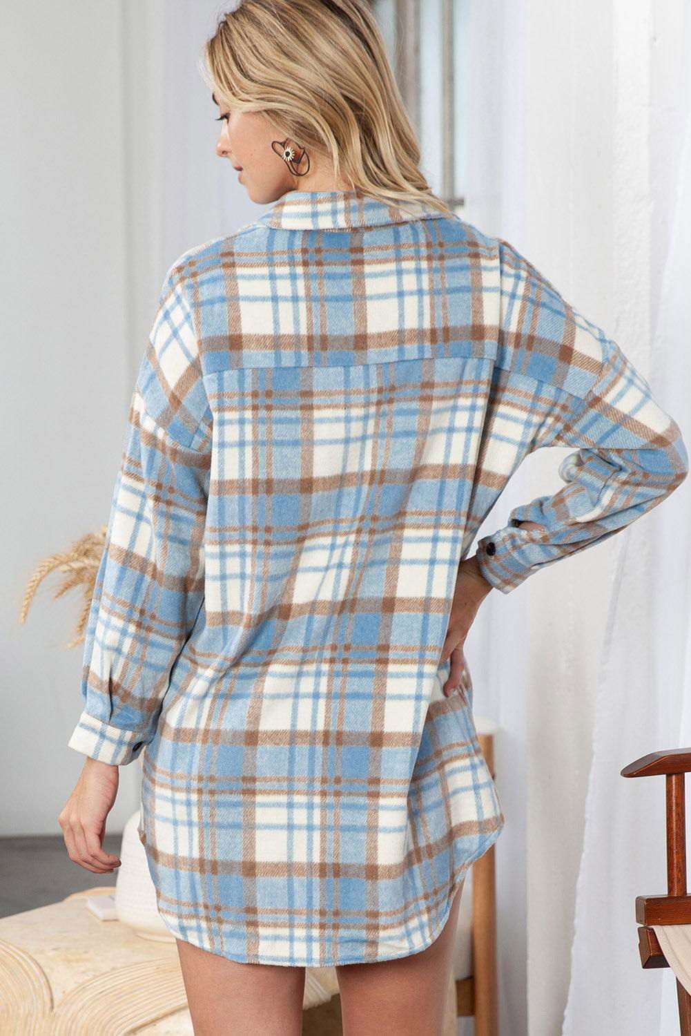 Sky Blue Plaid Flap Pocket Long Sleeve Shacket 