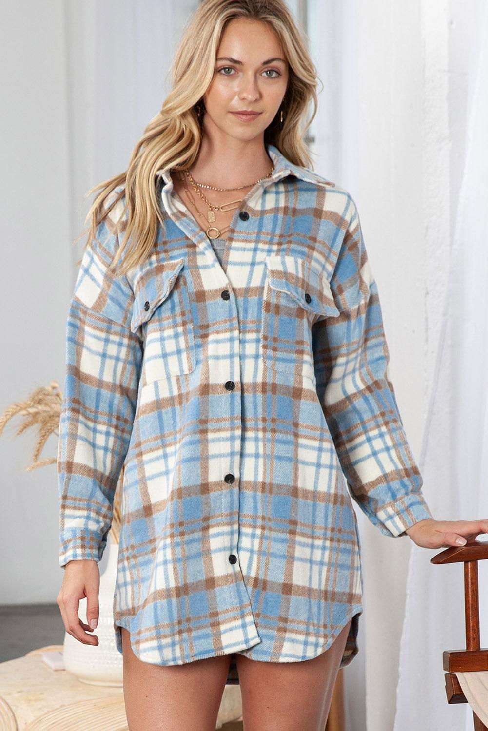 Sky Blue Plaid Flap Pocket Long Sleeve Shacket 