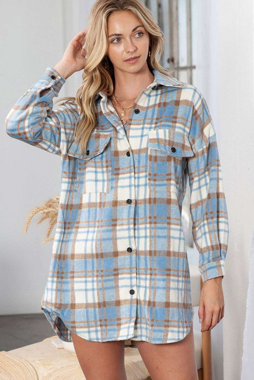 Sky Blue Plaid Flap Pocket Long Sleeve Shacket 