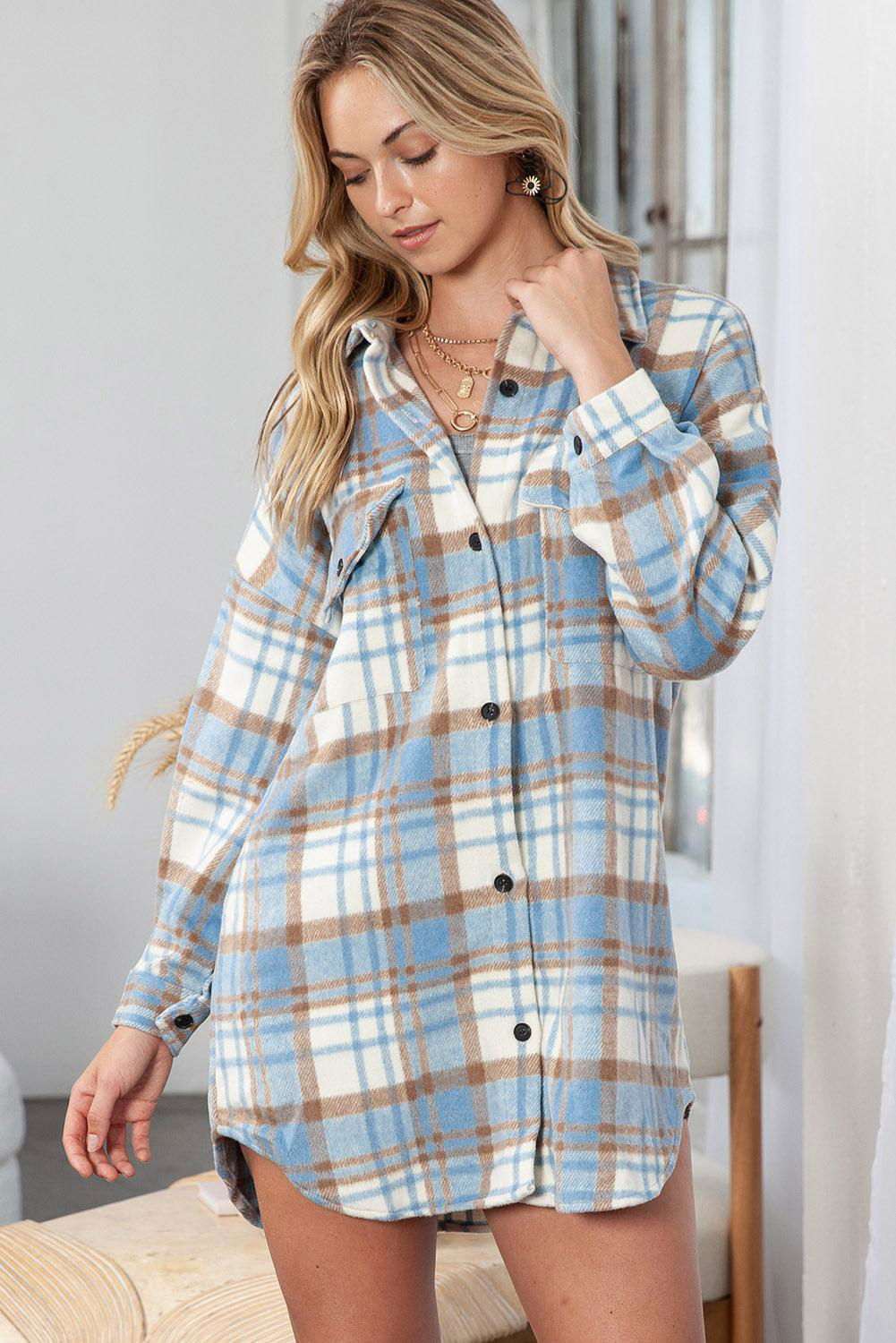 Sky Blue Plaid Flap Pocket Long Sleeve Shacket 