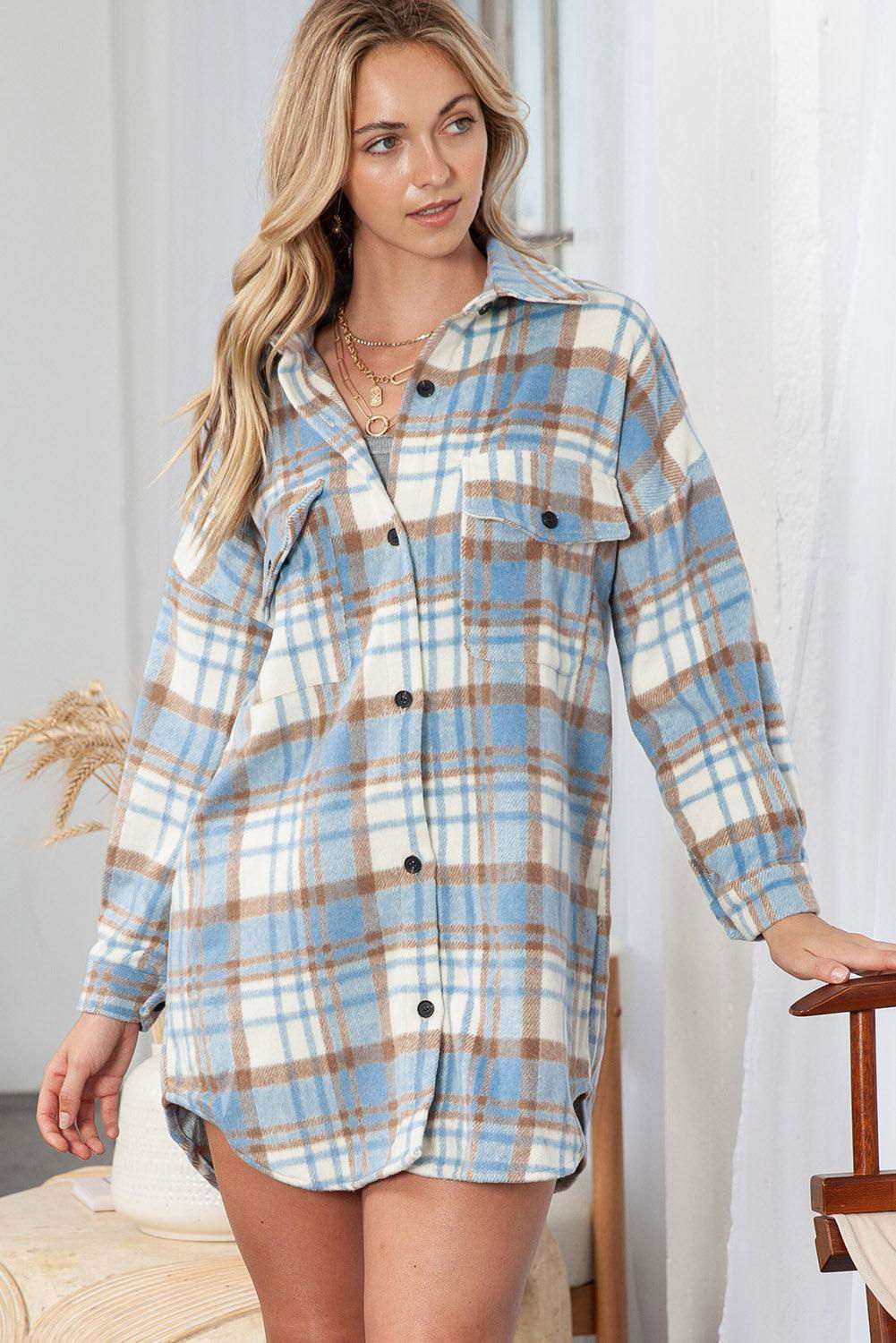 Sky Blue Plaid Flap Pocket Long Sleeve Shacket 