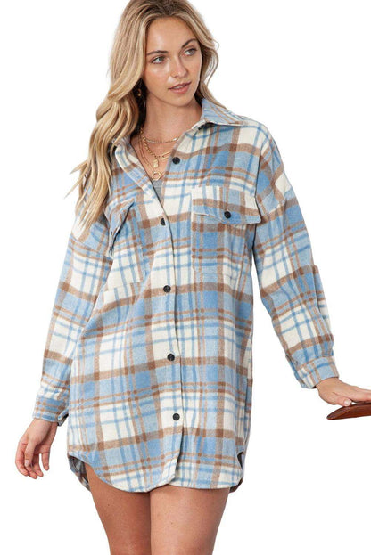 Sky Blue Plaid Flap Pocket Long Sleeve Shacket 