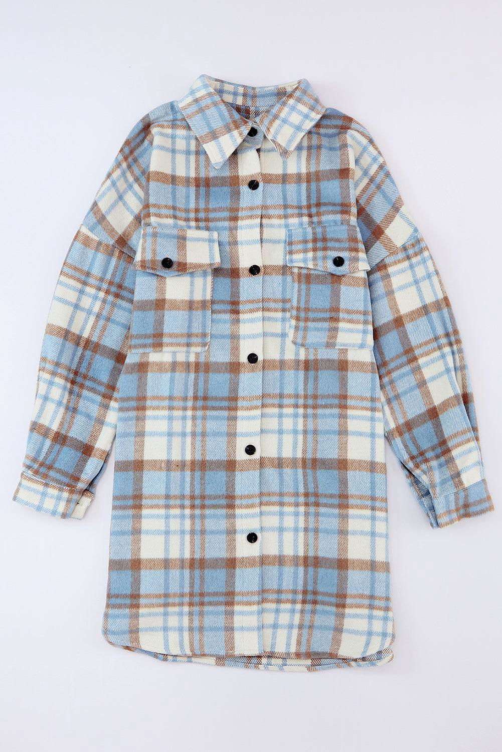 Sky Blue Plaid Flap Pocket Long Sleeve Shacket 