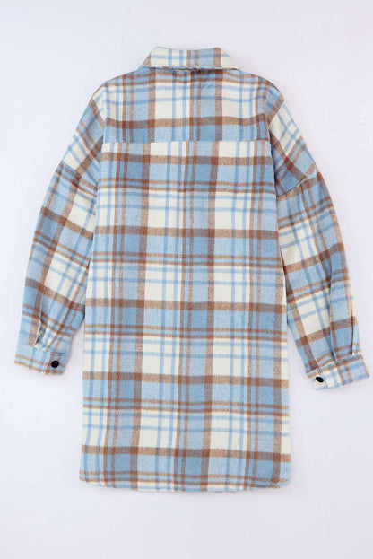 Sky Blue Plaid Flap Pocket Long Sleeve Shacket 