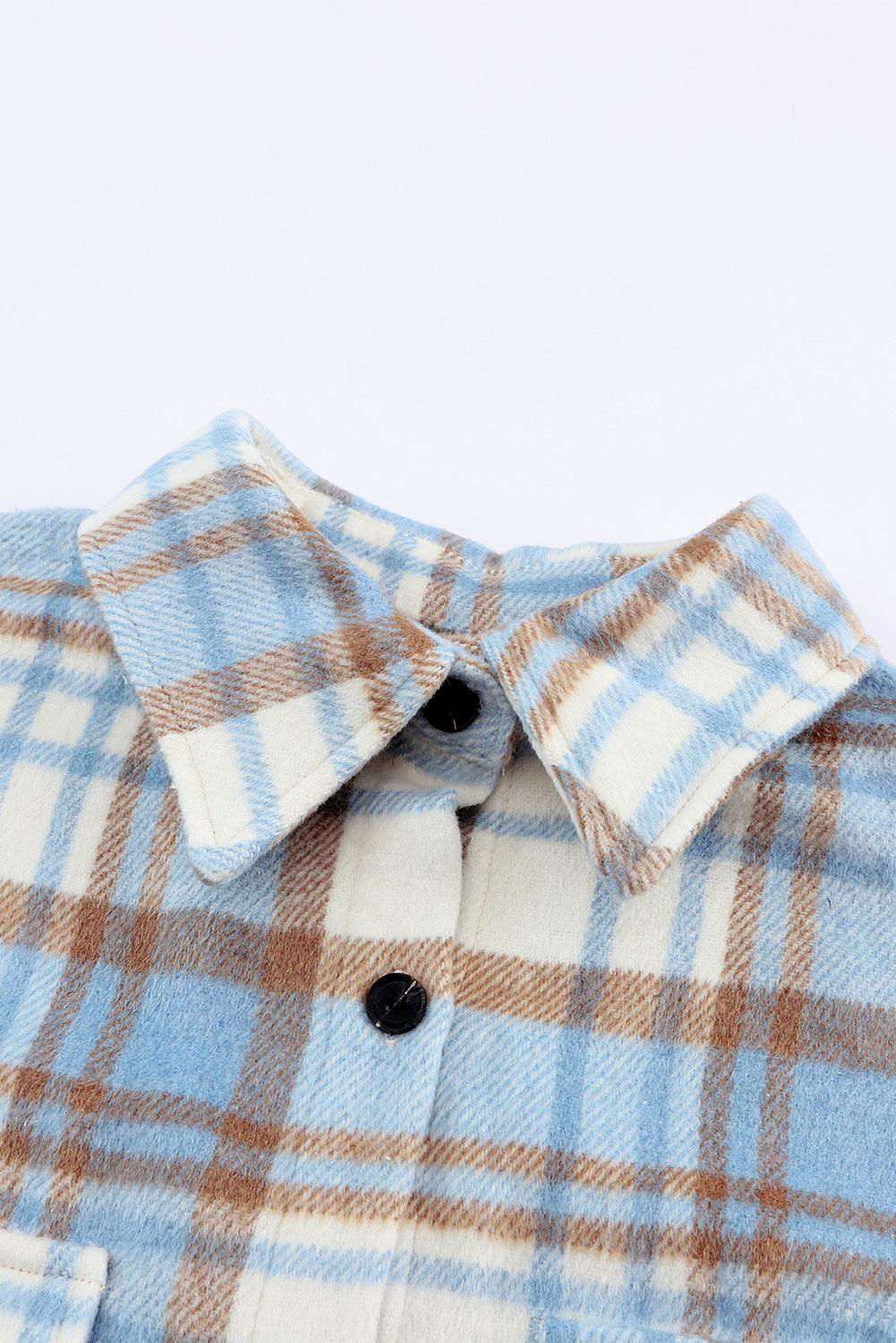 Sky Blue Plaid Flap Pocket Long Sleeve Shacket 