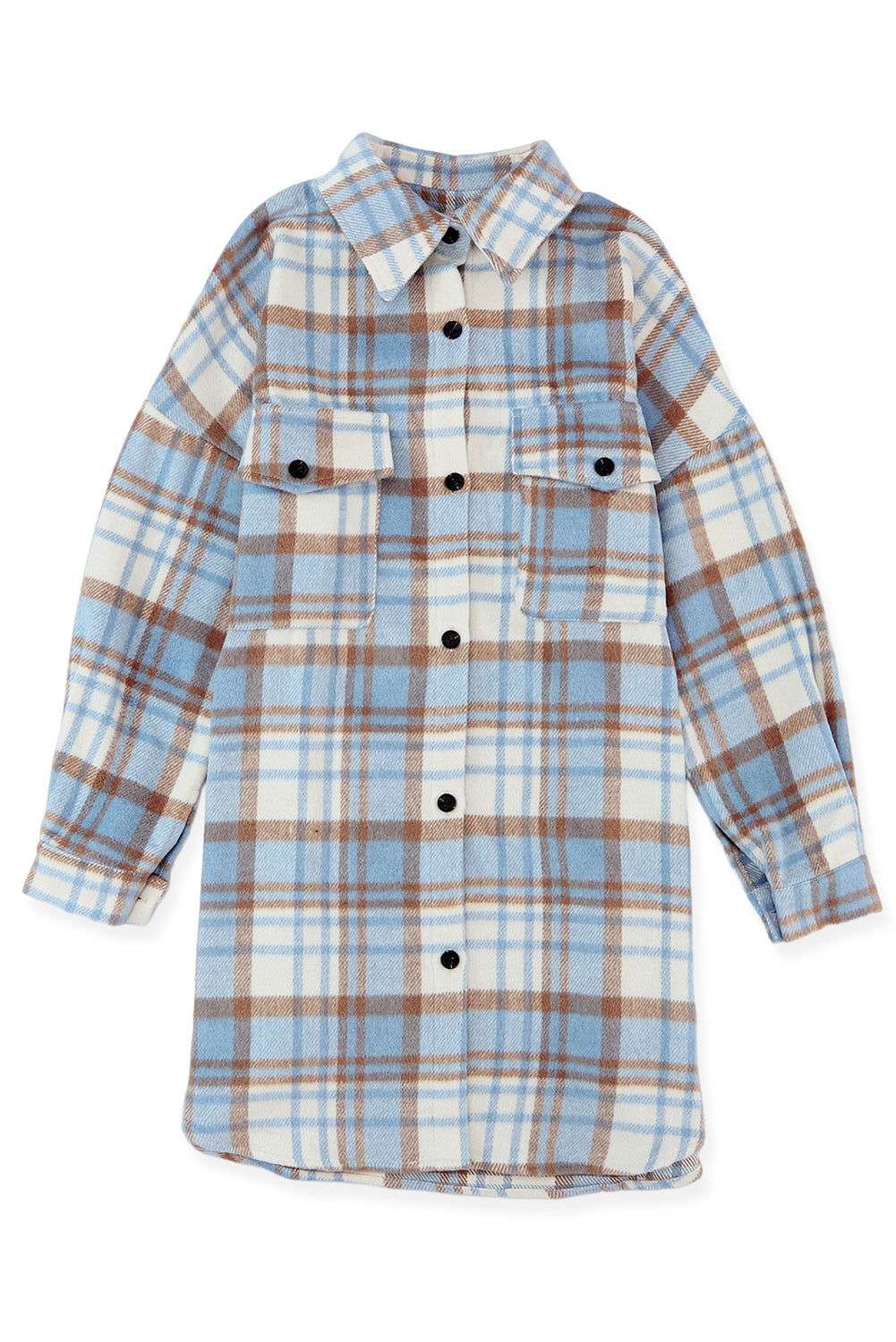 Sky Blue Plaid Flap Pocket Long Sleeve Shacket 