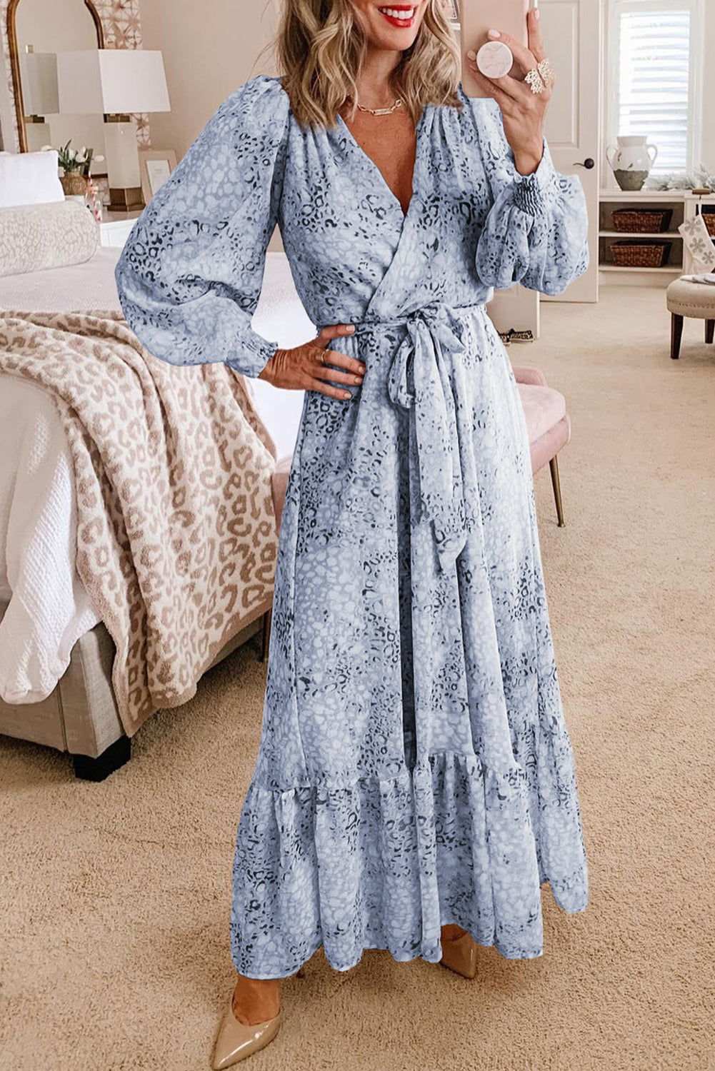 Sky Blue Printed Surplice V Neck Bubble Sleeve Sash Maxi Dress 