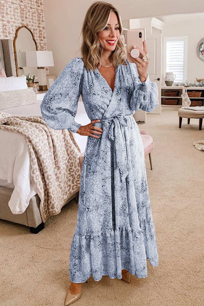 Sky Blue Printed Surplice V Neck Bubble Sleeve Sash Maxi Dress 