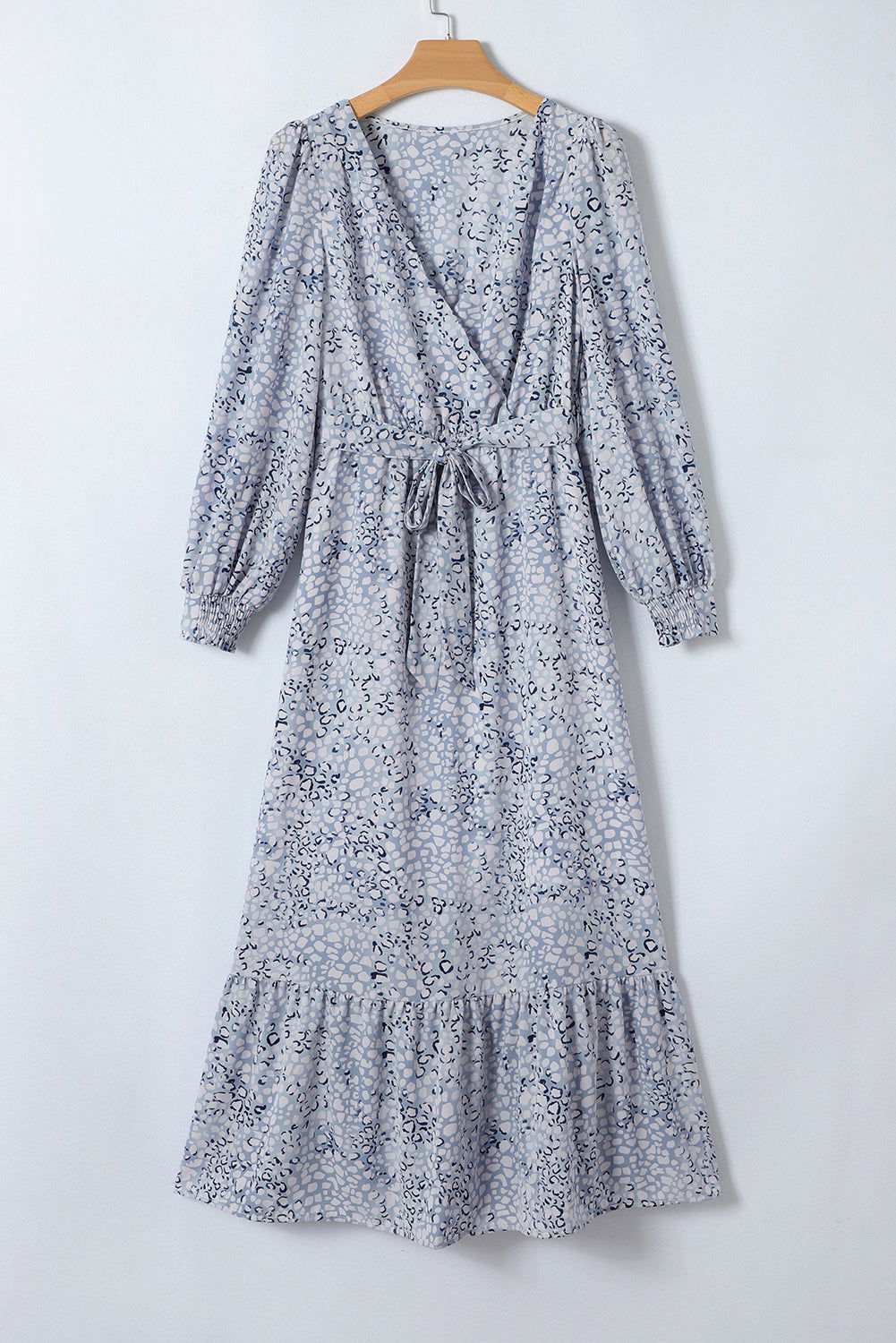 Sky Blue Printed Surplice V Neck Bubble Sleeve Sash Maxi Dress 