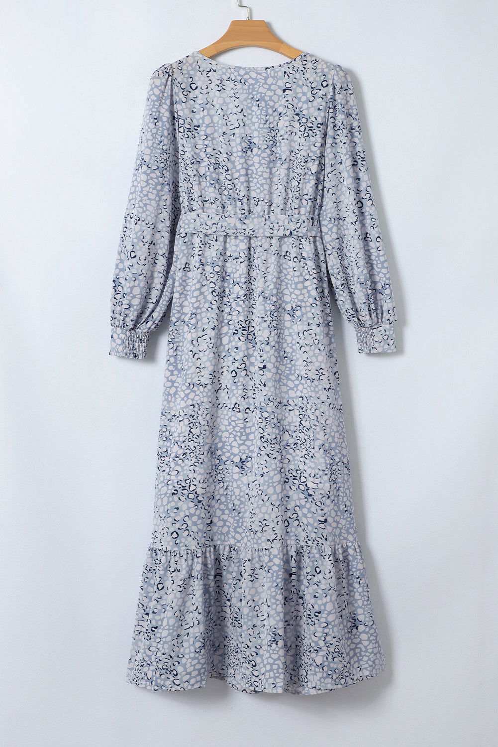 Sky Blue Printed Surplice V Neck Bubble Sleeve Sash Maxi Dress 