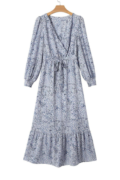 Sky Blue Printed Surplice V Neck Bubble Sleeve Sash Maxi Dress 