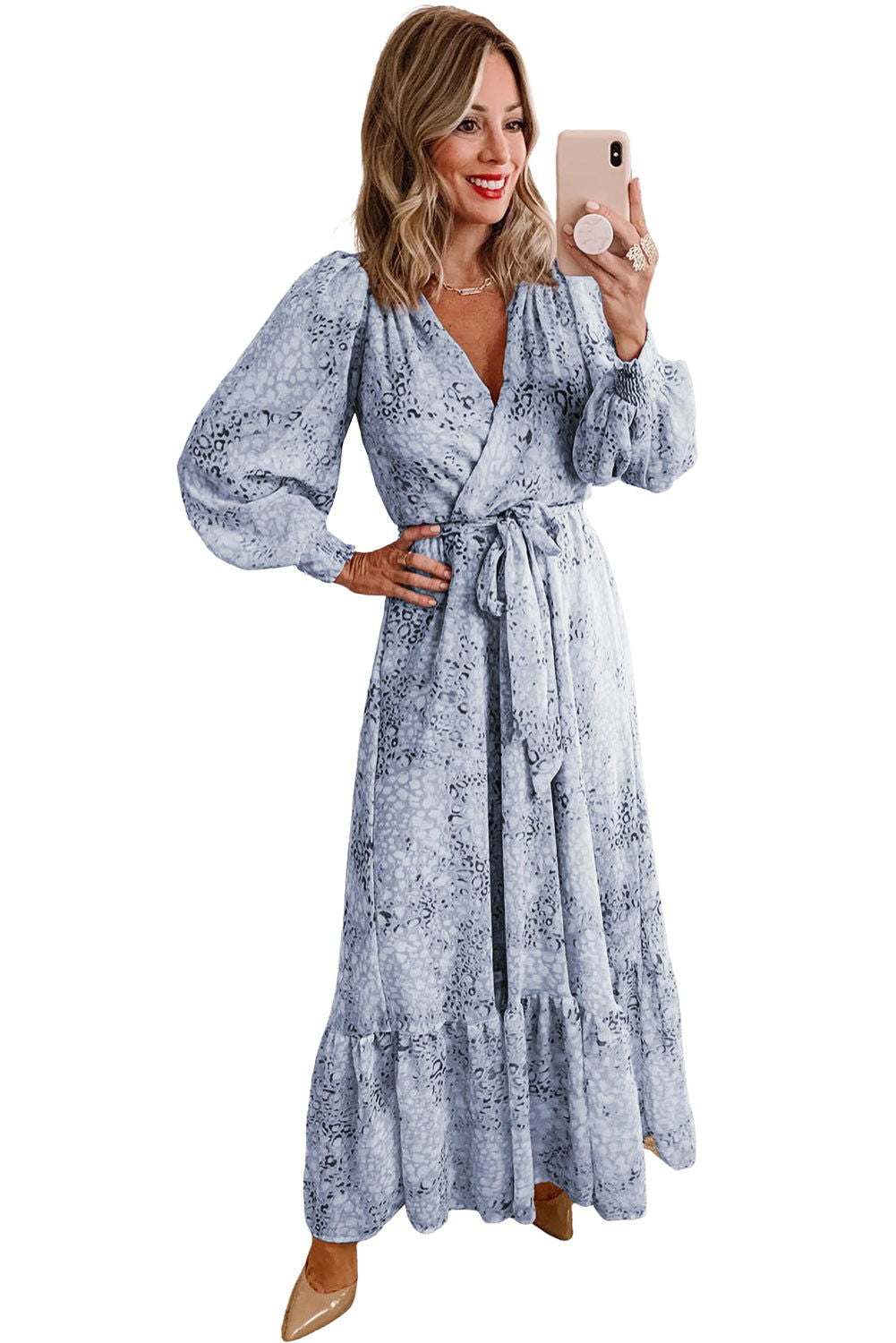 Sky Blue Printed Surplice V Neck Bubble Sleeve Sash Maxi Dress 