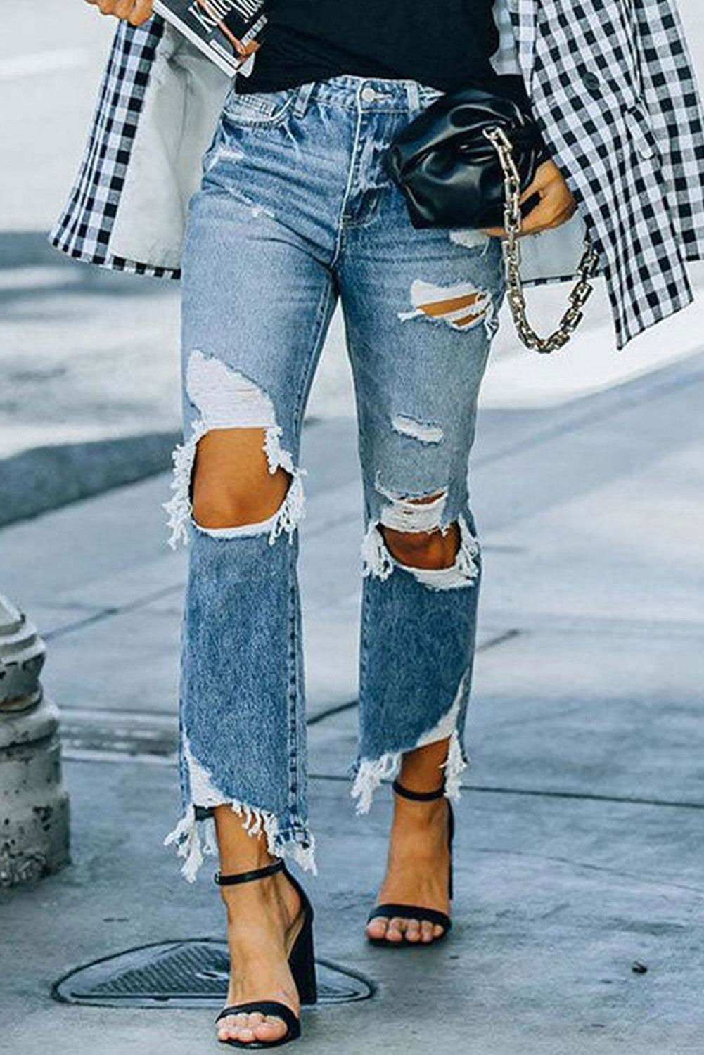 Sky Blue Ripped Knee Hole High Waist Jeans 