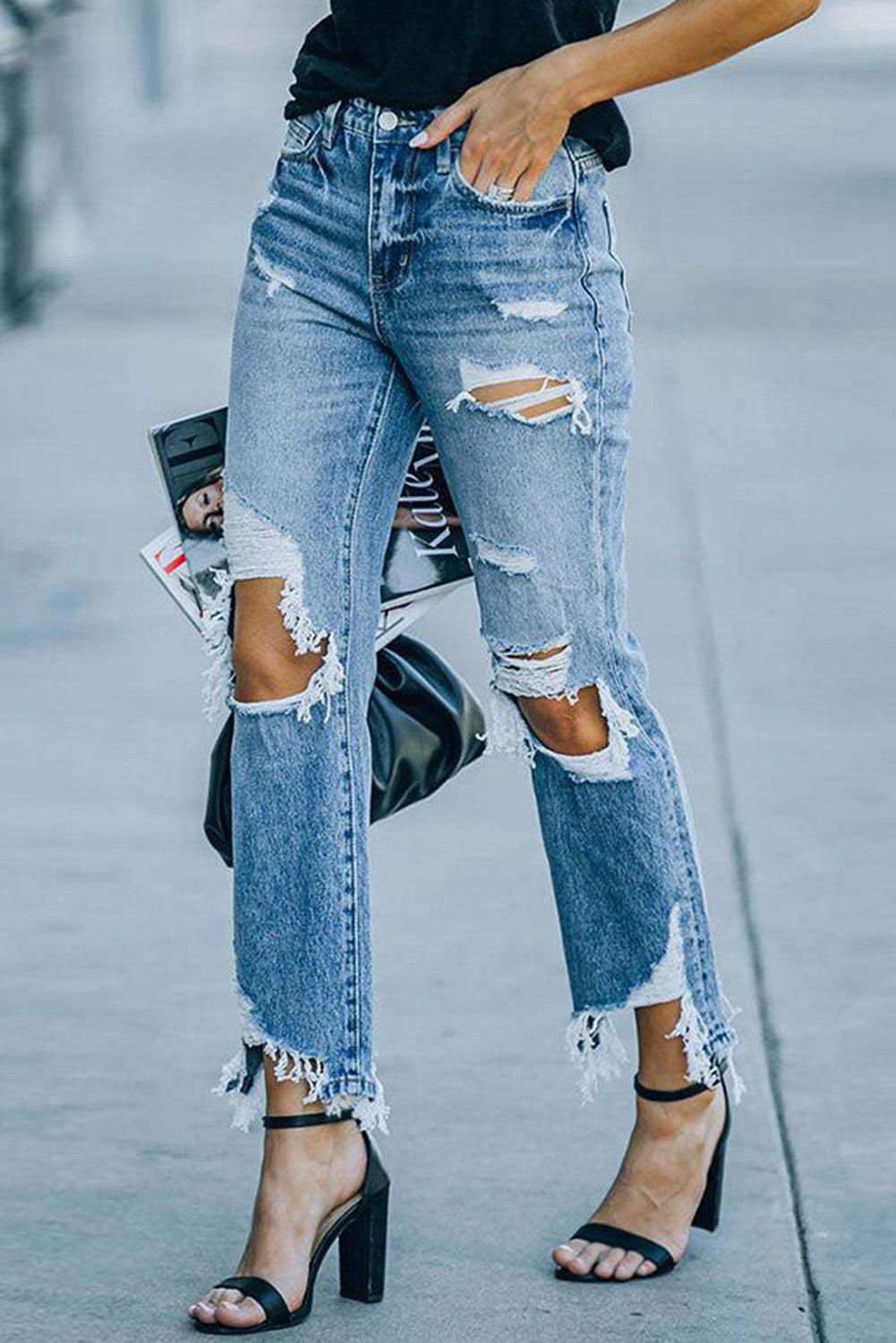 Sky Blue Ripped Knee Hole High Waist Jeans 