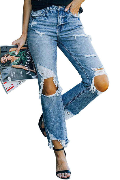 Sky Blue Ripped Knee Hole High Waist Jeans 