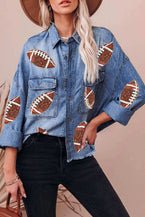 Sky Blue Sequin Rugby Graphic Flap Pockets Raw Hem Denim Jacket 