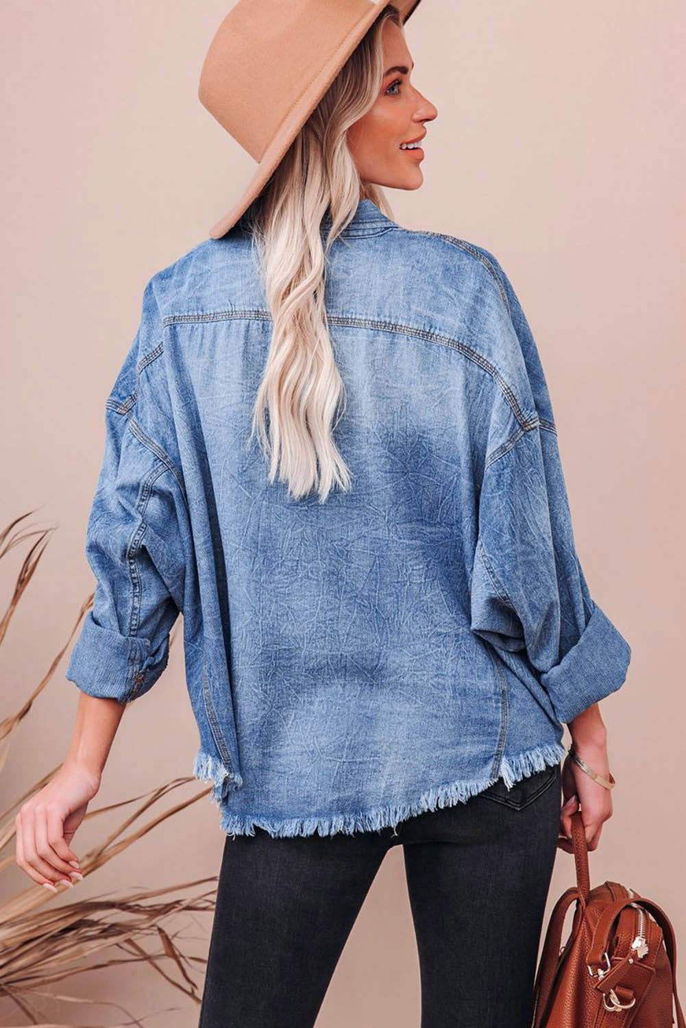 Sky Blue Sequin Rugby Graphic Flap Pockets Raw Hem Denim Jacket 