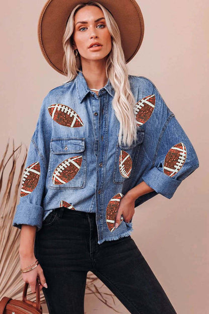 Sky Blue Sequin Rugby Graphic Flap Pockets Raw Hem Denim Jacket 