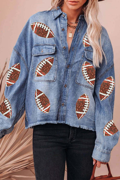 Sky Blue Sequin Rugby Graphic Flap Pockets Raw Hem Denim Jacket 