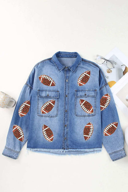 Sky Blue Sequin Rugby Graphic Flap Pockets Raw Hem Denim Jacket 