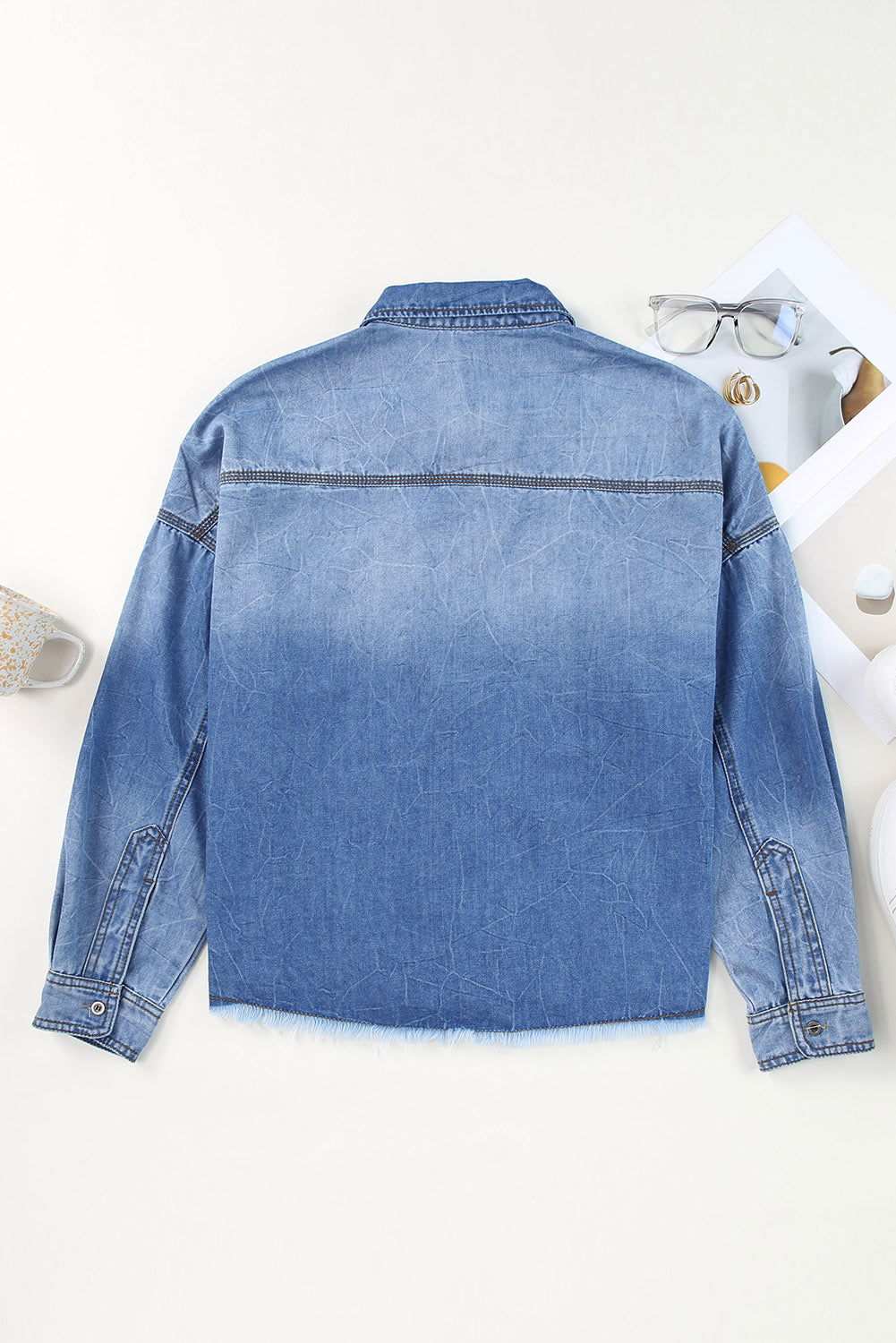 Sky Blue Sequin Rugby Graphic Flap Pockets Raw Hem Denim Jacket 