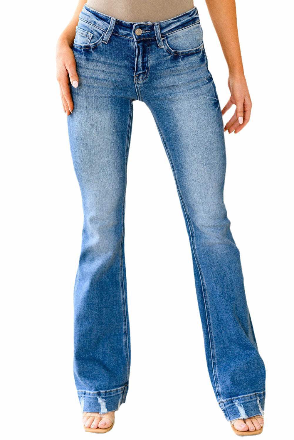 Sky Blue Slight Distressed Washed Flare Jeans 